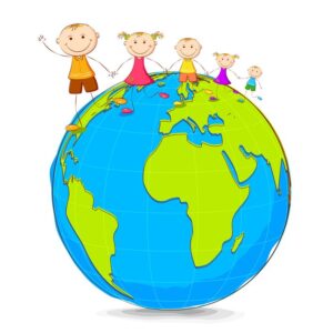 illustration of kids playing on globe holding hand